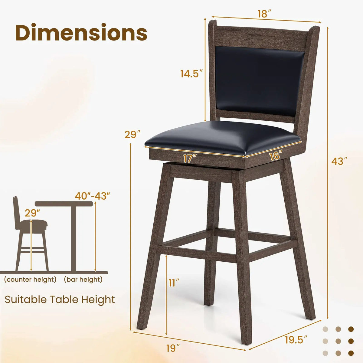 25/29 Inch Padded Bar Stools Set of 2 with Swivel Seat and Footrest by DirectDeals