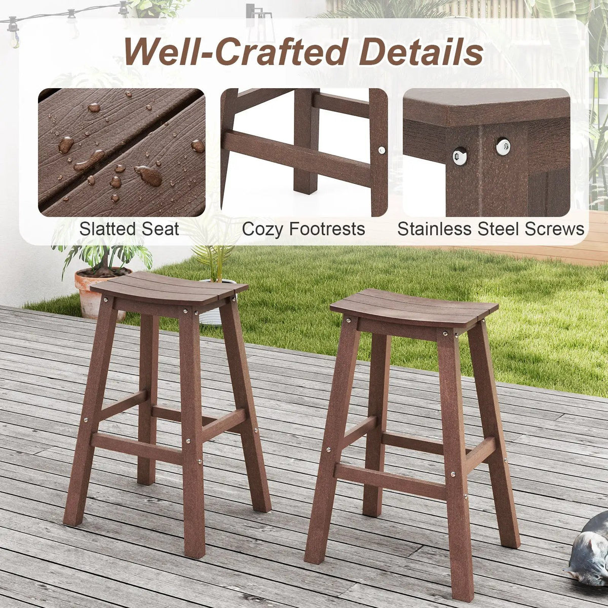 29 Inch HDPE Patio Bar Stool Set of 2 Armless Saddle Stools by DirectDeals
