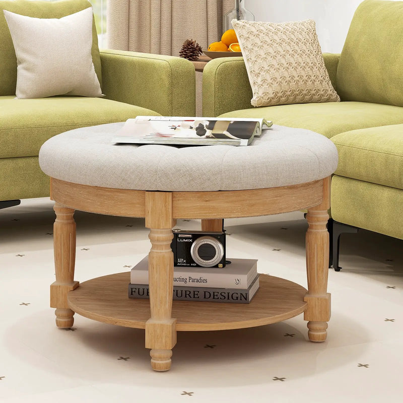 29 Inch Large Round Ottoman Coffee Table 2-Tier Upholstered Tufted Footrest Ottoman with Flip-up Top-Beige by DirectDeals