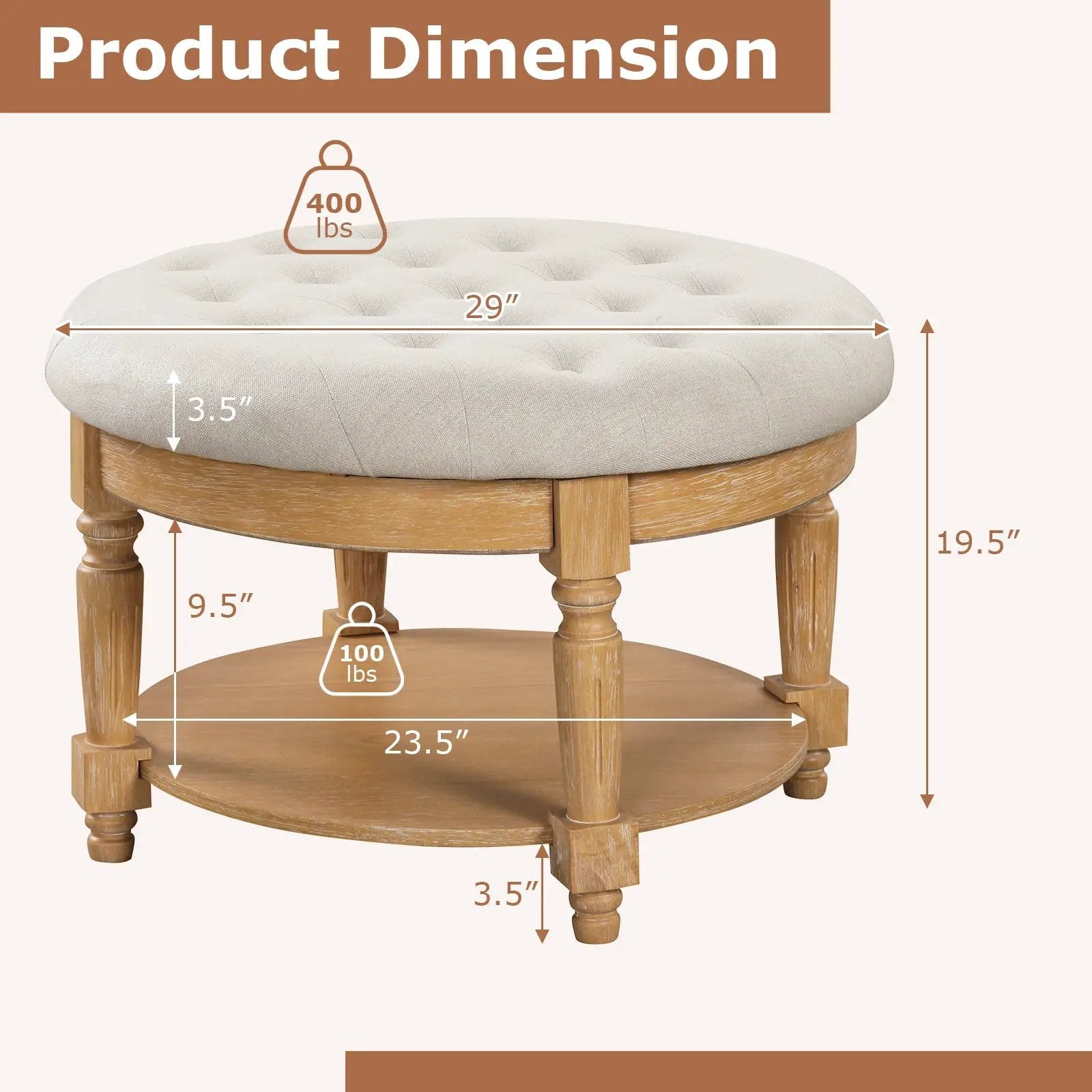 29 Inch Large Round Ottoman Coffee Table 2-Tier Upholstered Tufted Footrest Ottoman with Flip-up Top-Beige by DirectDeals