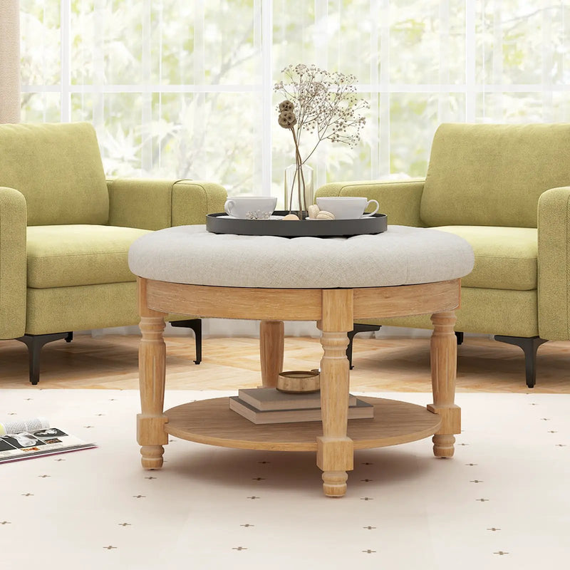 29 Inch Large Round Ottoman Coffee Table 2-Tier Upholstered Tufted Footrest Ottoman with Flip-up Top-Beige by DirectDeals