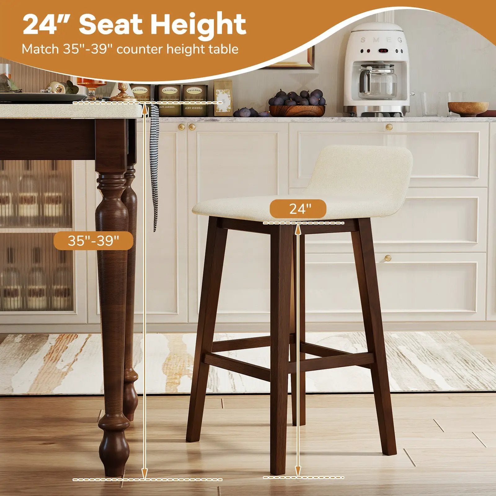 29 Inch Low-Back High-Top Chairs with Padded Seat and Rubber Wood Legs by DirectDeals