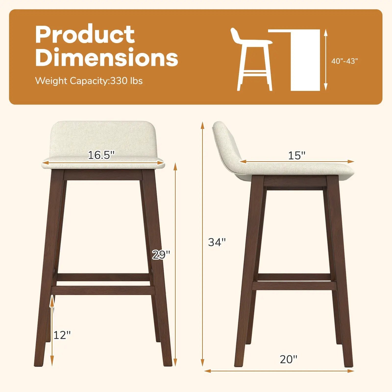 29 Inch Low-Back High-Top Chairs with Padded Seat and Rubber Wood Legs by DirectDeals