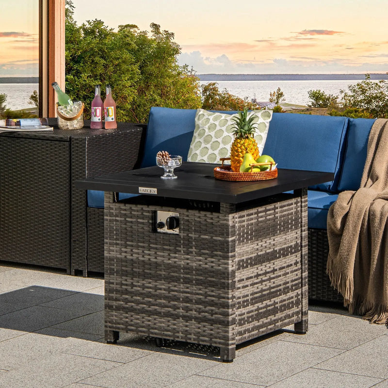 29 Inch Propane Rattan Firepit Table with Lava Rocks and Protective Cover-Gray by DirectDeals