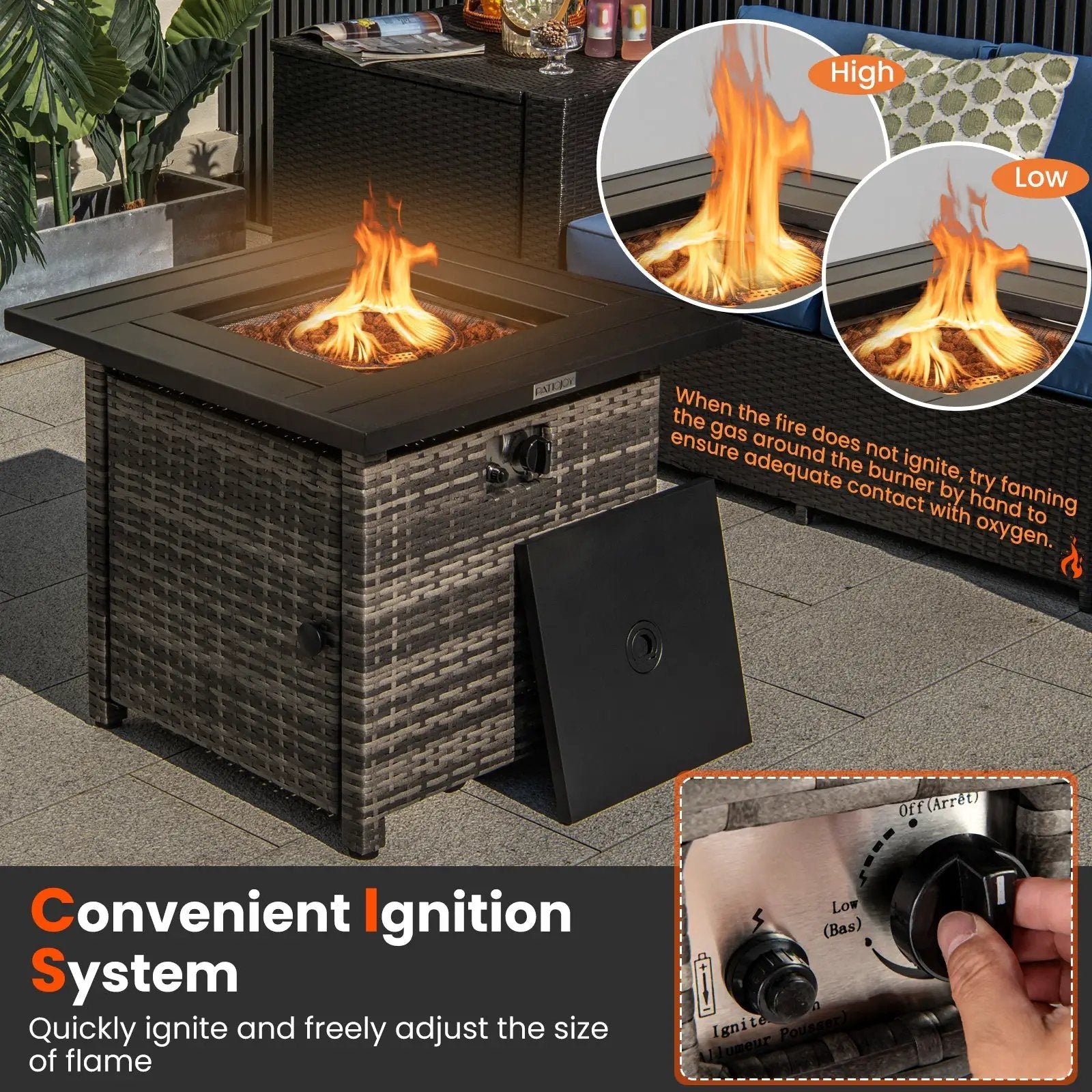 29 Inch Propane Rattan Firepit Table with Lava Rocks and Protective Cover-Gray by DirectDeals