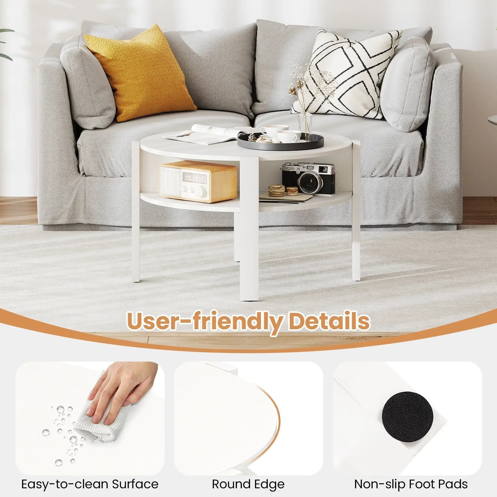 29.5 Inch Round Coffee Table with Storage Shelves for Small Space by DirectDeals