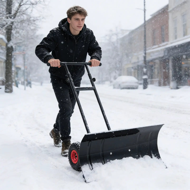29 Inch Snow Pusher Heavy Duty Metal Shovel with Wheels and Adjustable Handle-Black by DirectDeals