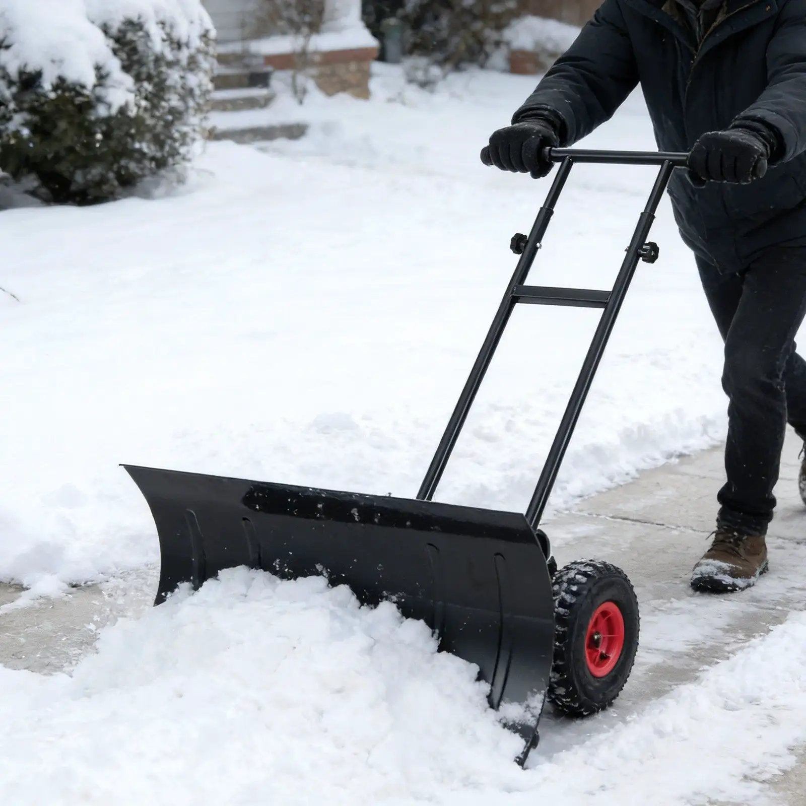 29 Inch Snow Pusher Heavy Duty Metal Shovel with Wheels and Adjustable Handle-Black by DirectDeals