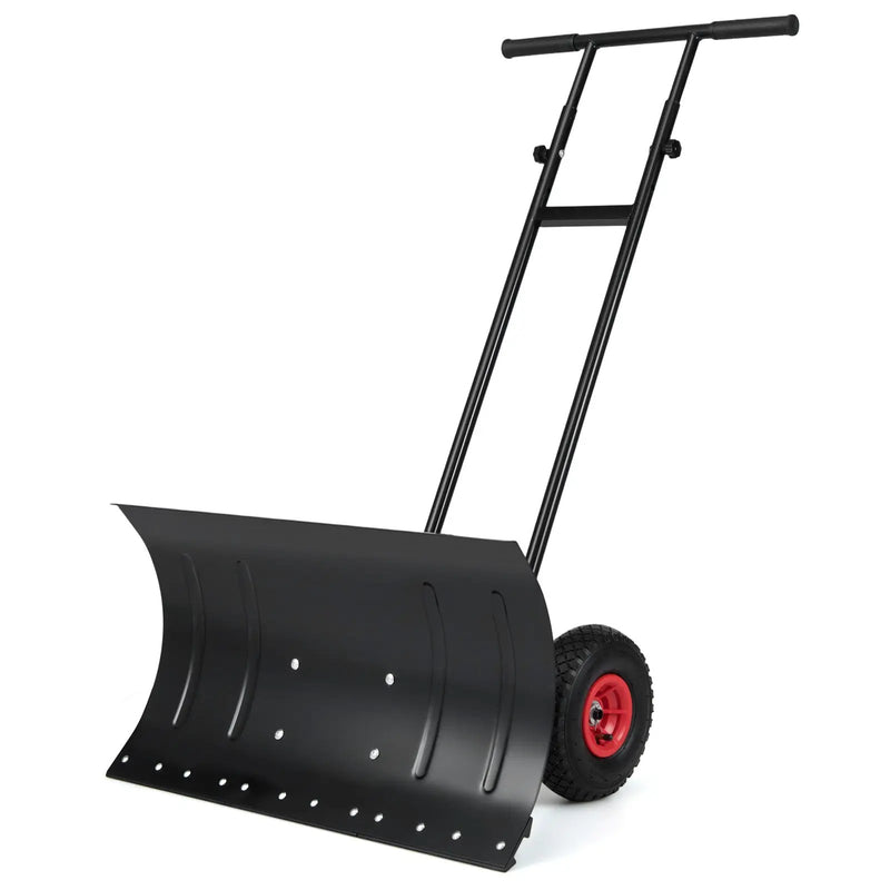 29 Inch Snow Pusher Heavy Duty Metal Shovel with Wheels and Adjustable Handle-Black by DirectDeals