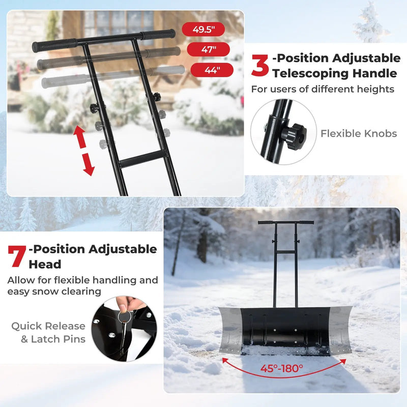 29 Inch Snow Pusher Heavy Duty Metal Shovel with Wheels and Adjustable Handle-Black by DirectDeals