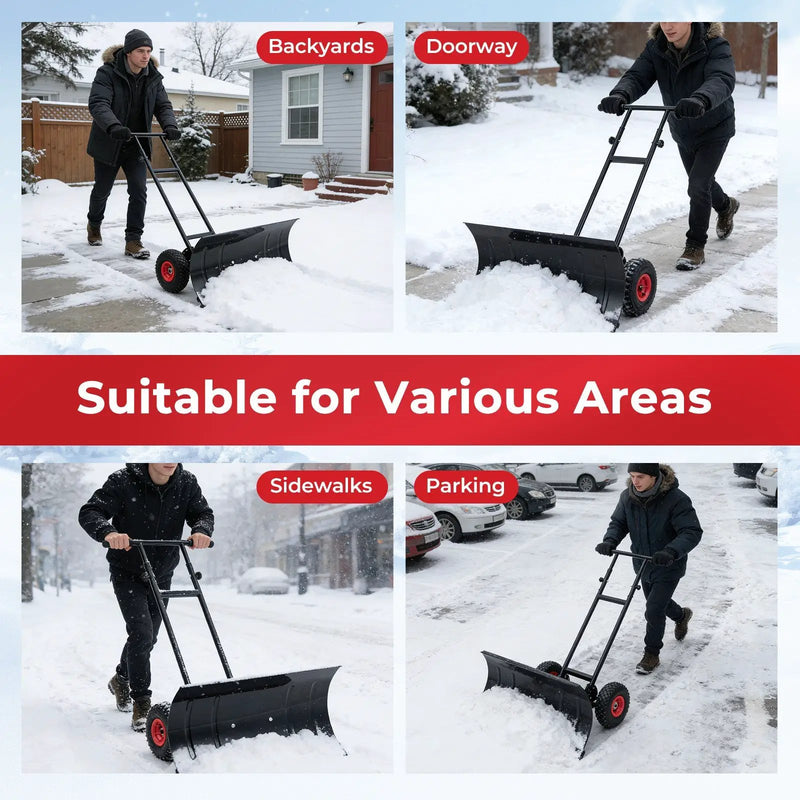 29 Inch Snow Pusher Heavy Duty Metal Shovel with Wheels and Adjustable Handle-Black by DirectDeals