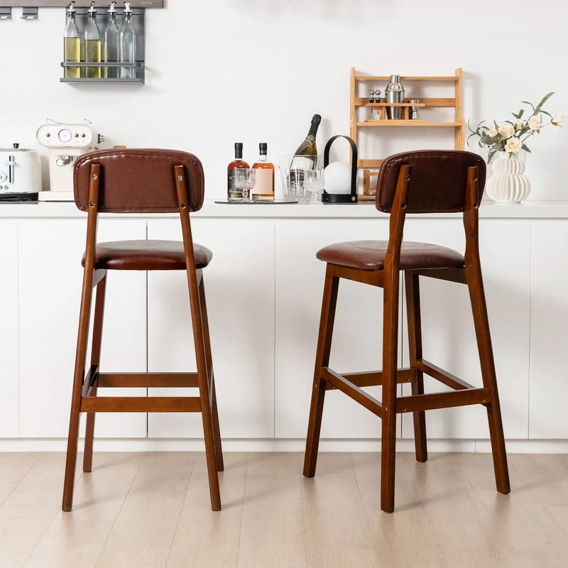 29 Inch Upholstered PU Bar Stools with Rubber Wood Legs-Set of 2 by DirectDeals