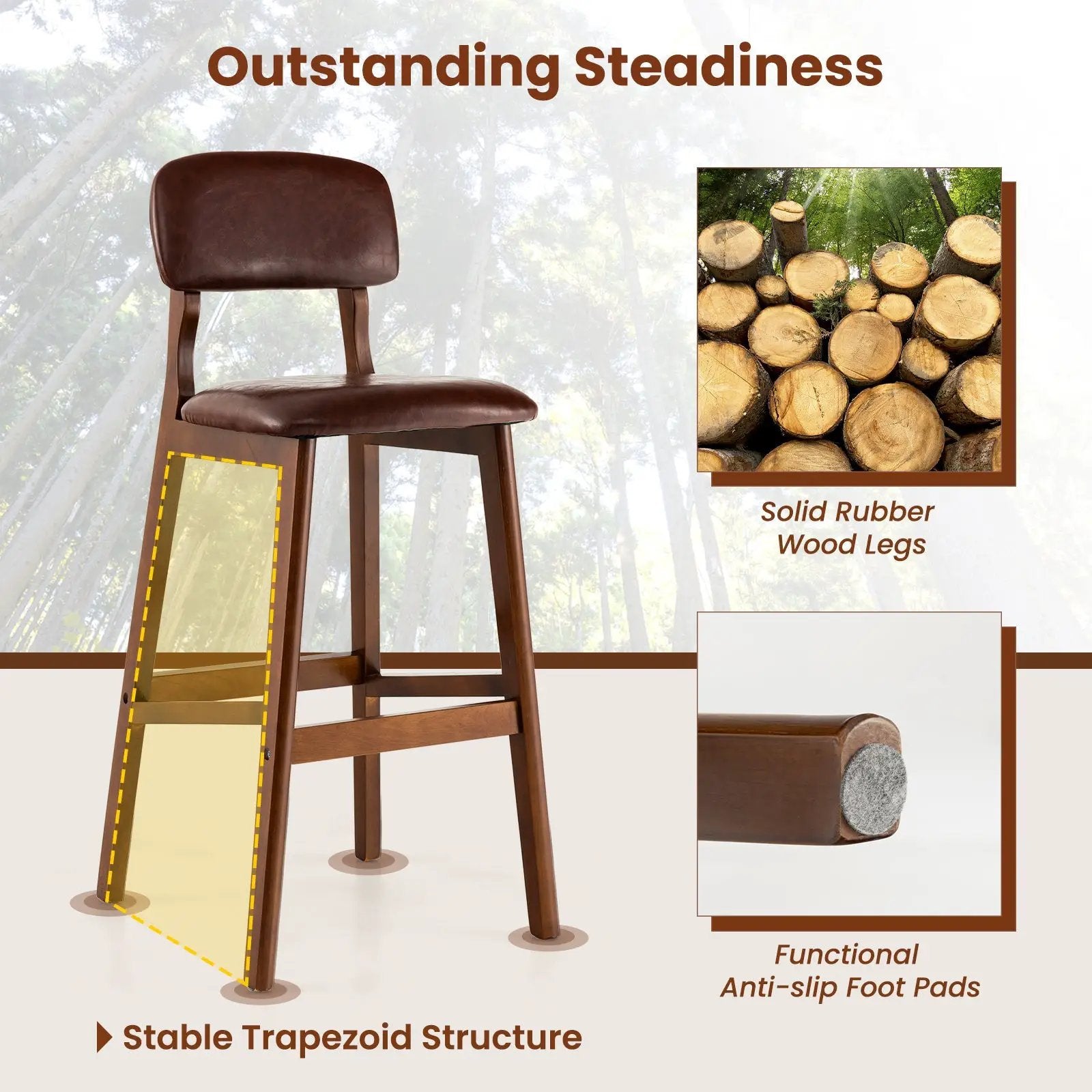 29 Inch Upholstered PU Bar Stools with Rubber Wood Legs-Set of 2 by DirectDeals