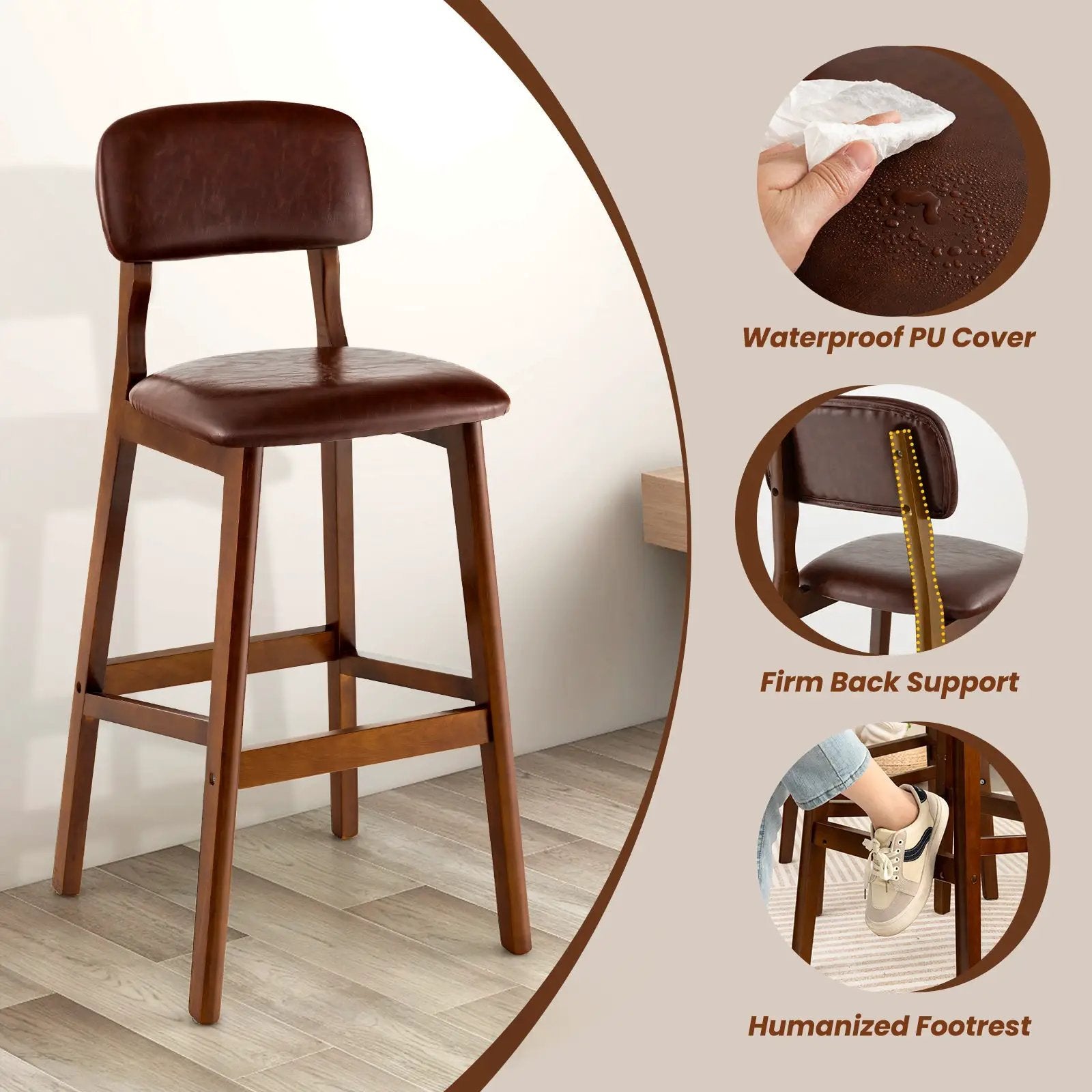 29 Inch Upholstered PU Bar Stools with Rubber Wood Legs-Set of 2 by DirectDeals