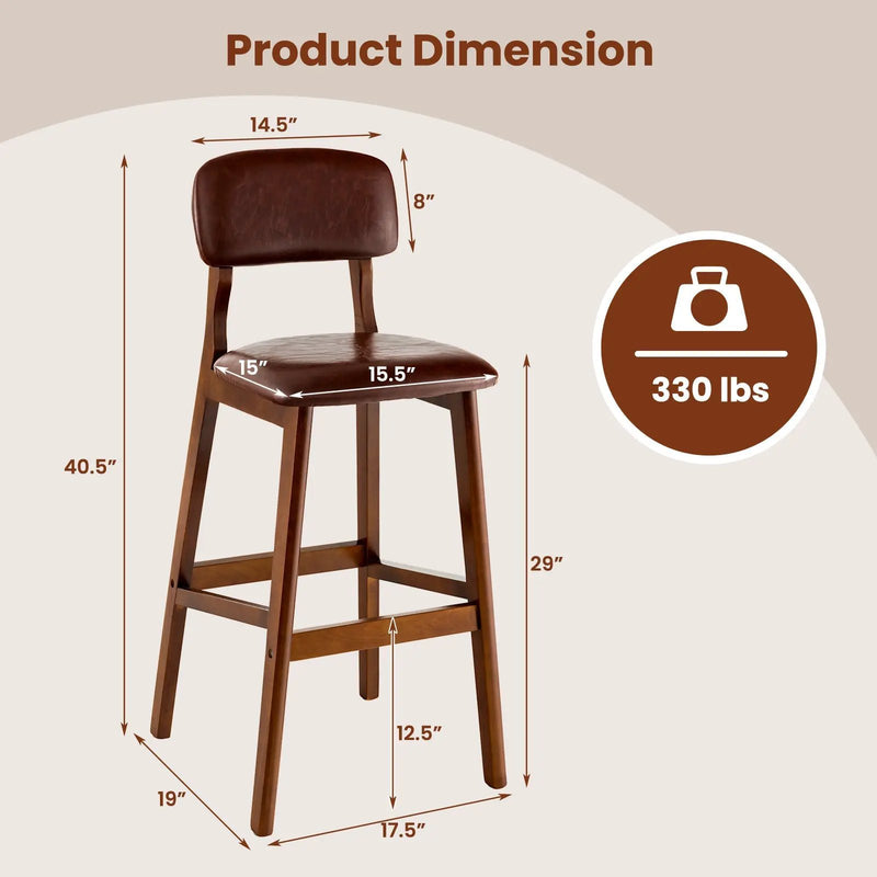 29 Inch Upholstered PU Bar Stools with Rubber Wood Legs-Set of 2 by DirectDeals