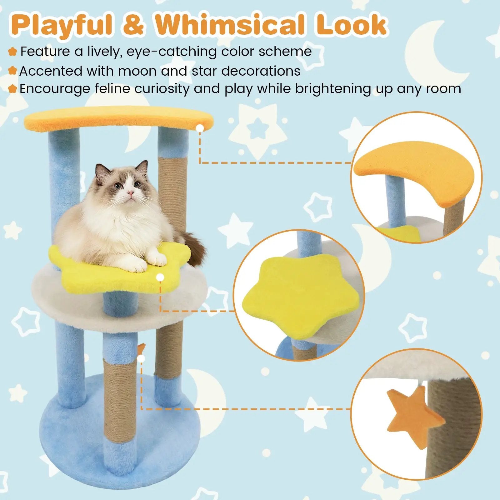 29 Inches Cute Modern Cat Tree with Star and Moon Shaped Platforms by DirectDeals