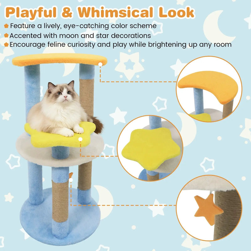 29 Inches Cute Modern Cat Tree with Star and Moon Shaped Platforms by DirectDeals