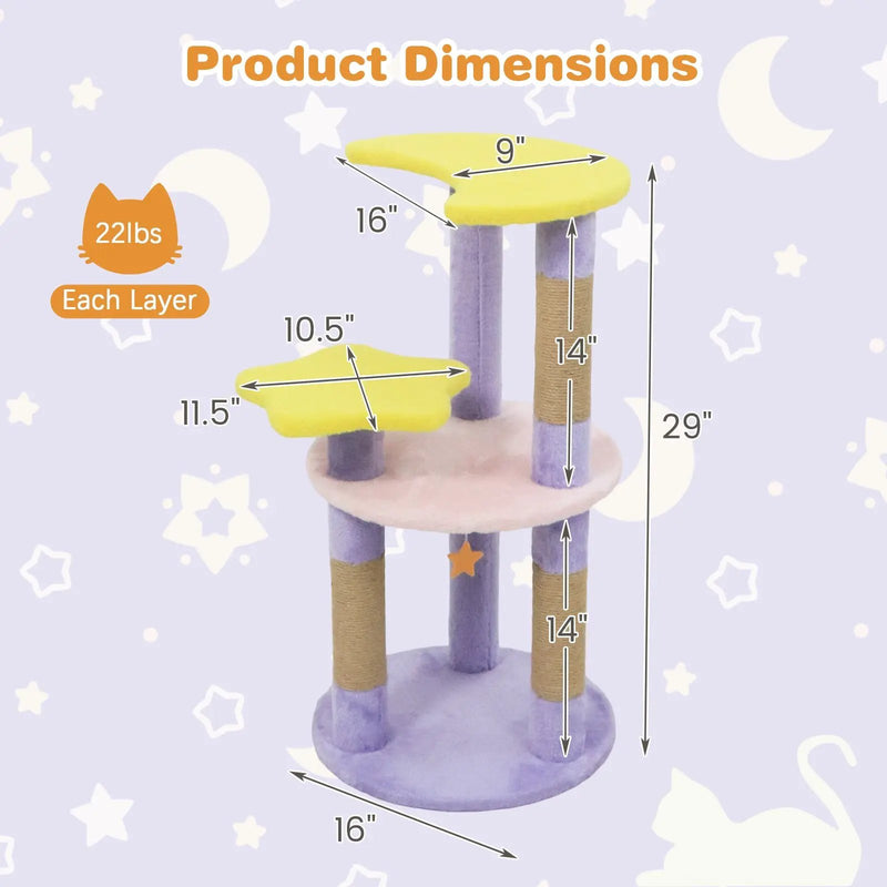 29 Inches Cute Modern Cat Tree with Star and Moon Shaped Platforms by DirectDeals