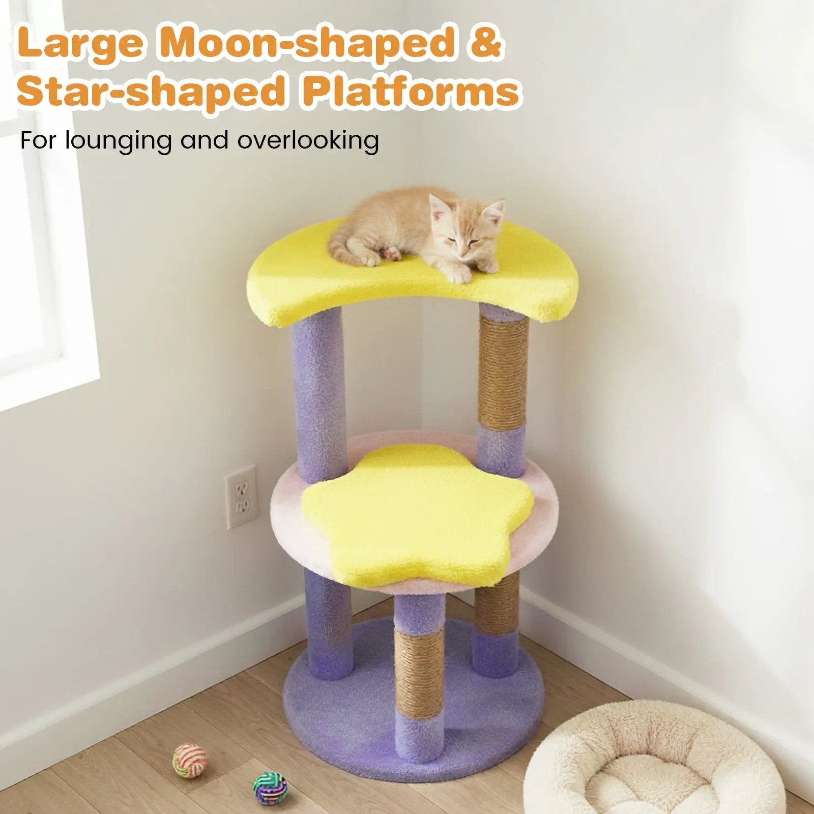 29 Inches Cute Modern Cat Tree with Star and Moon Shaped Platforms by DirectDeals