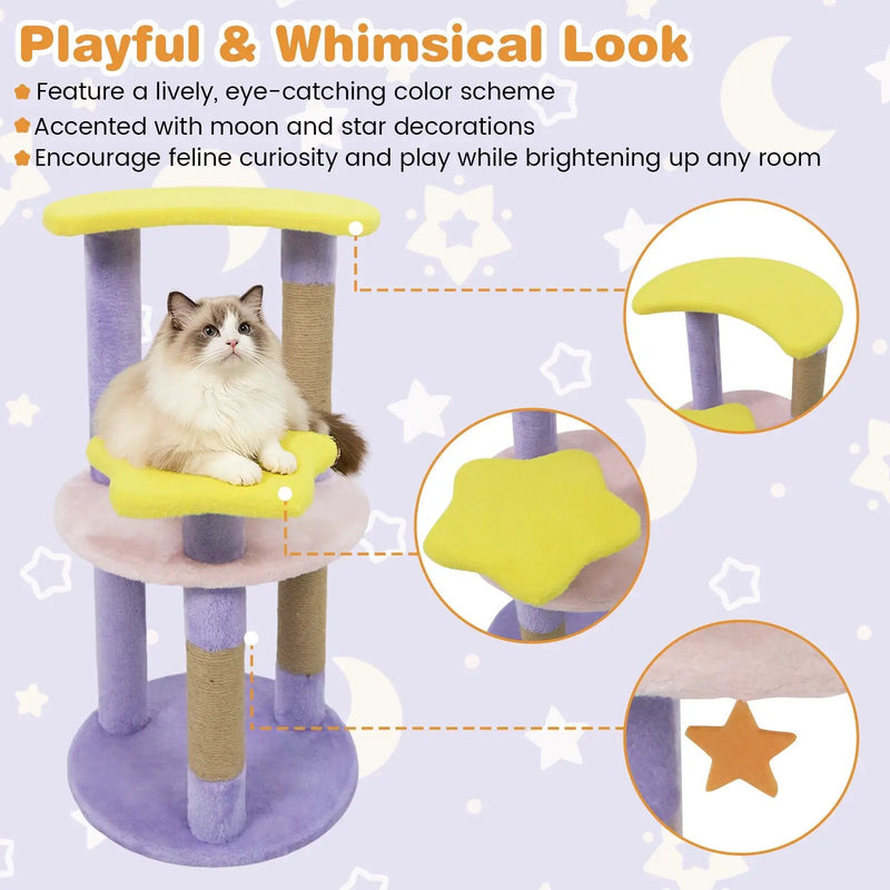 29 Inches Cute Modern Cat Tree with Star and Moon Shaped Platforms by DirectDeals