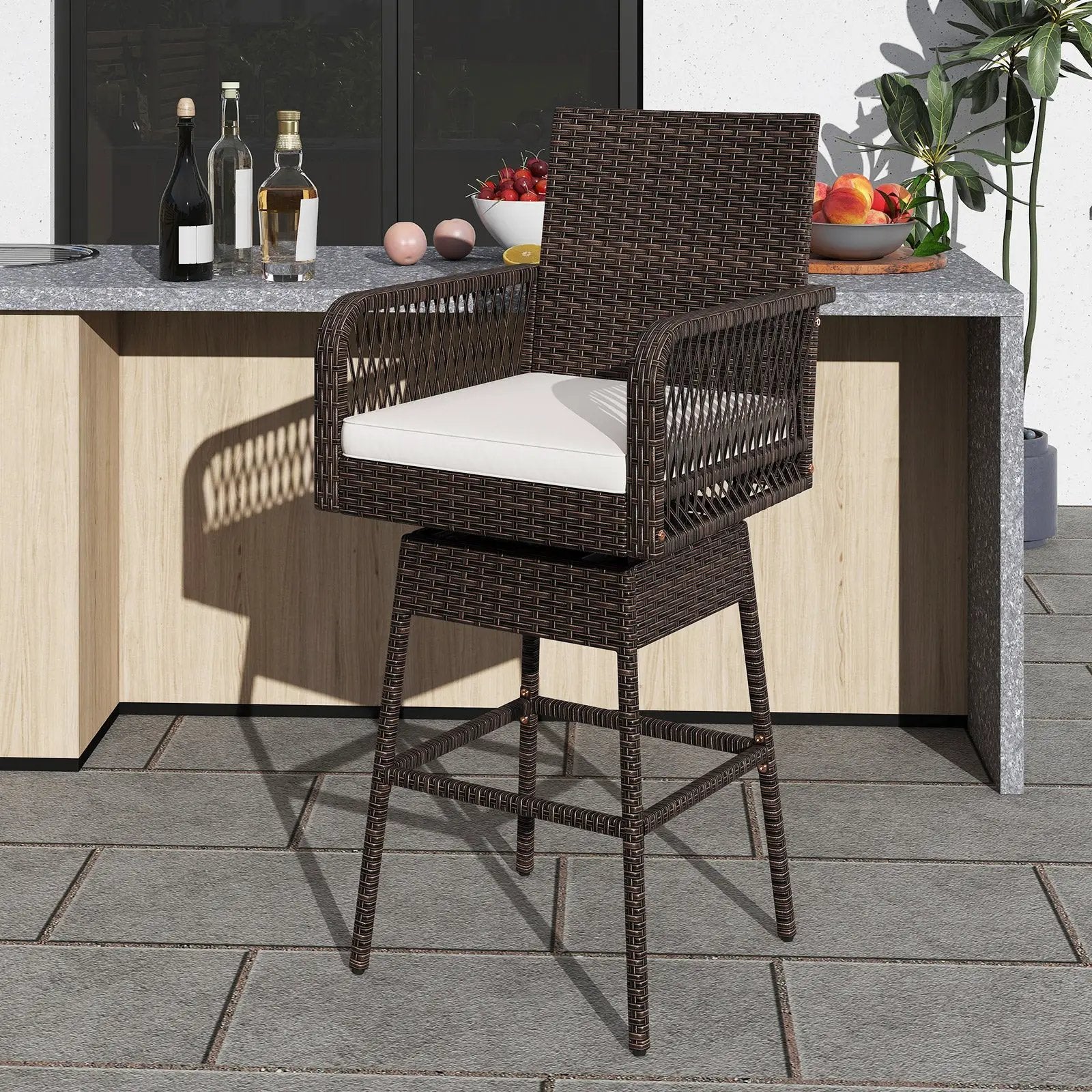 29 Inches Patio 360¬∞ Swivel Bar Stool with Cross-Woven Armrests and Seat Cushion-White by DirectDeals