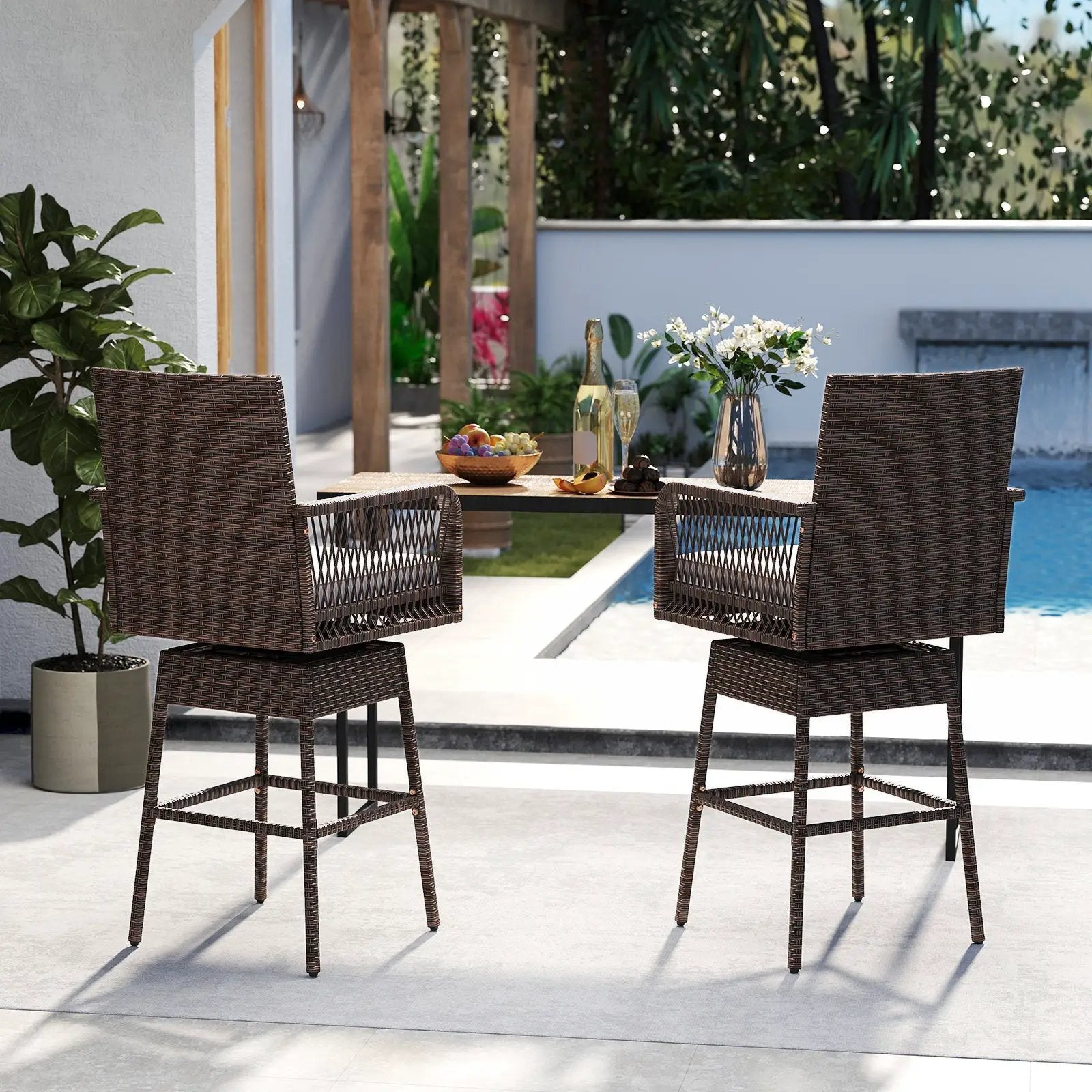 29 Inches Patio 360¬∞ Swivel Bar Stool with Cross-Woven Armrests and Seat Cushion-White by DirectDeals