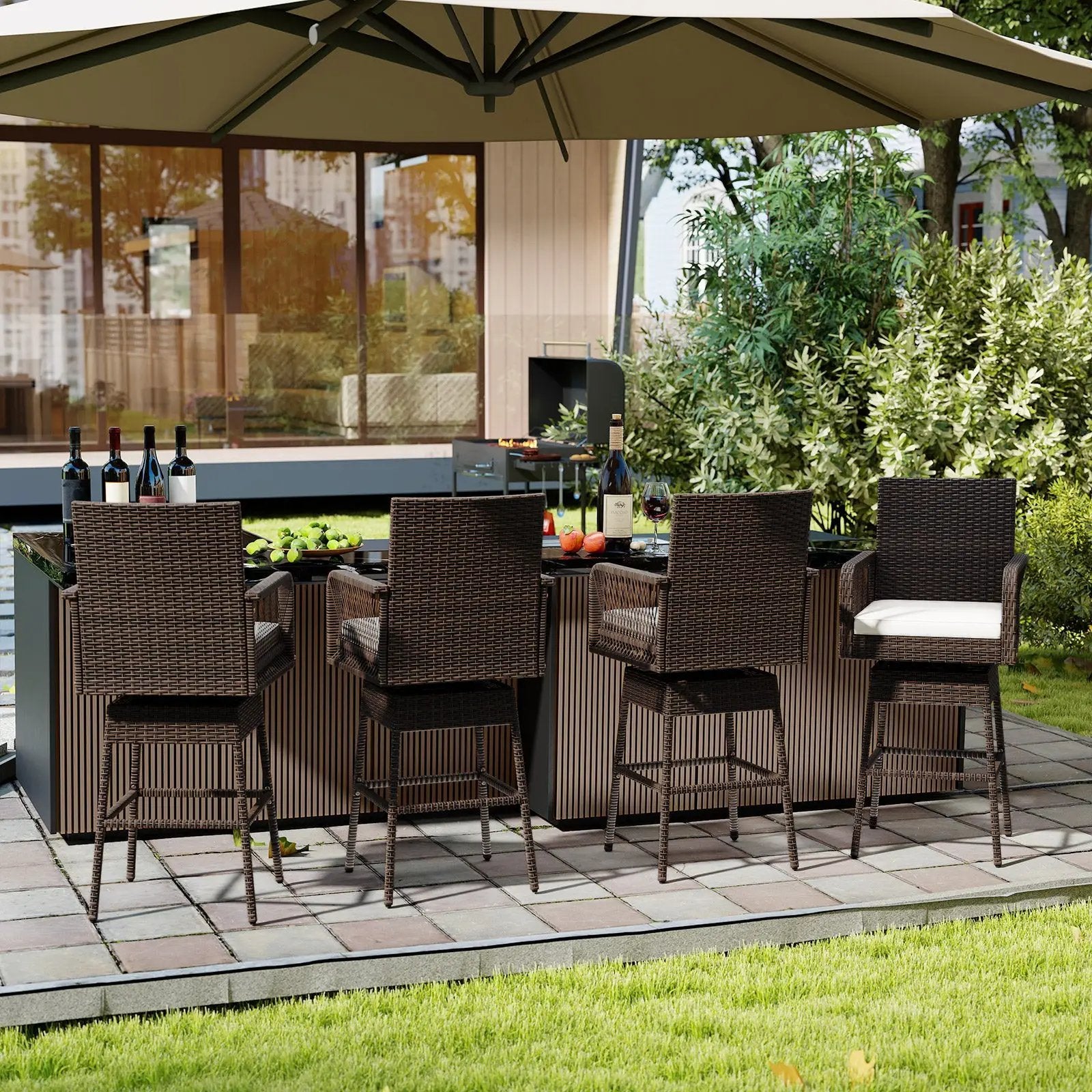 29 Inches Patio 360¬∞ Swivel Bar Stool with Cross-Woven Armrests and Seat Cushion-White by DirectDeals