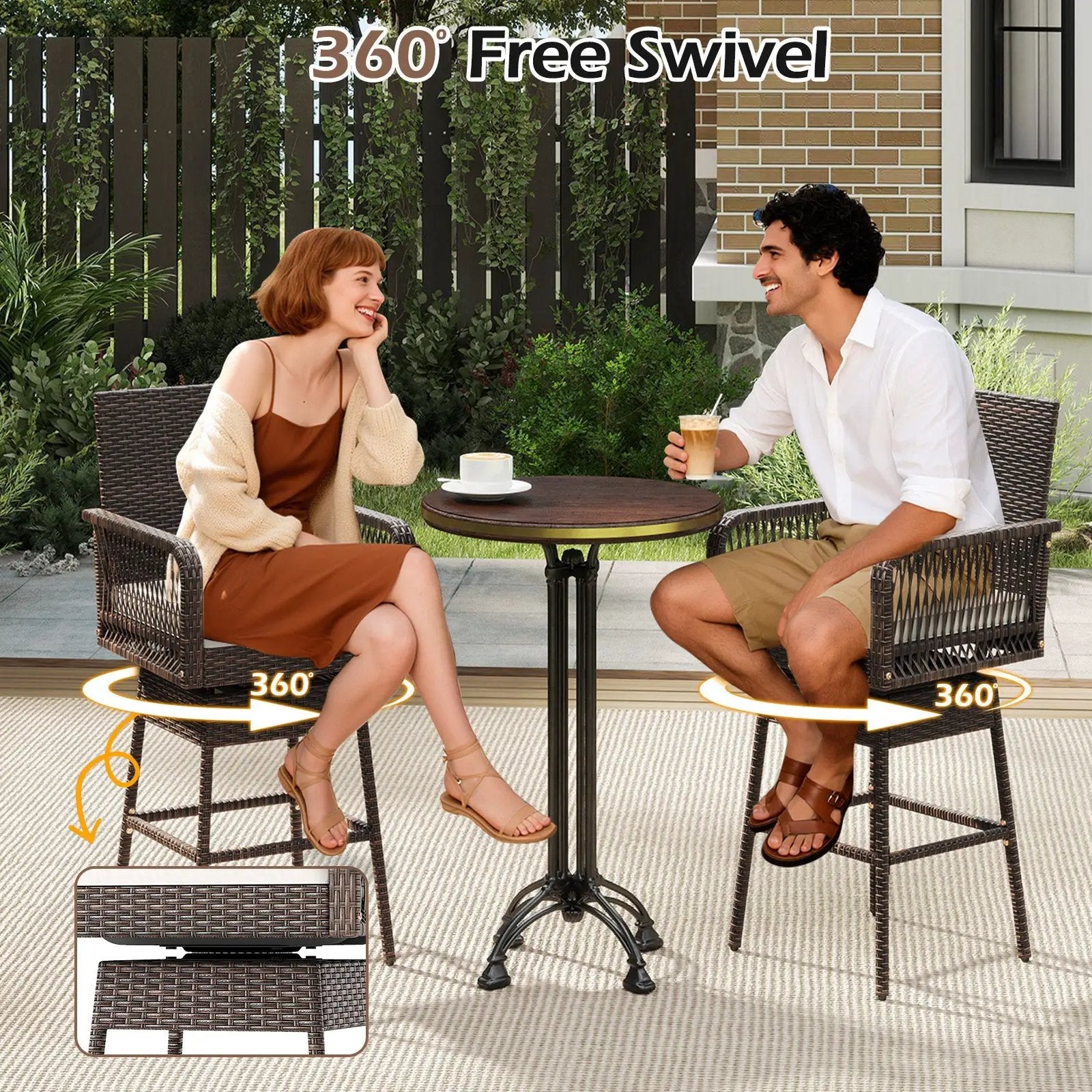 29 Inches Patio 360¬∞ Swivel Bar Stool with Cross-Woven Armrests and Seat Cushion-White by DirectDeals