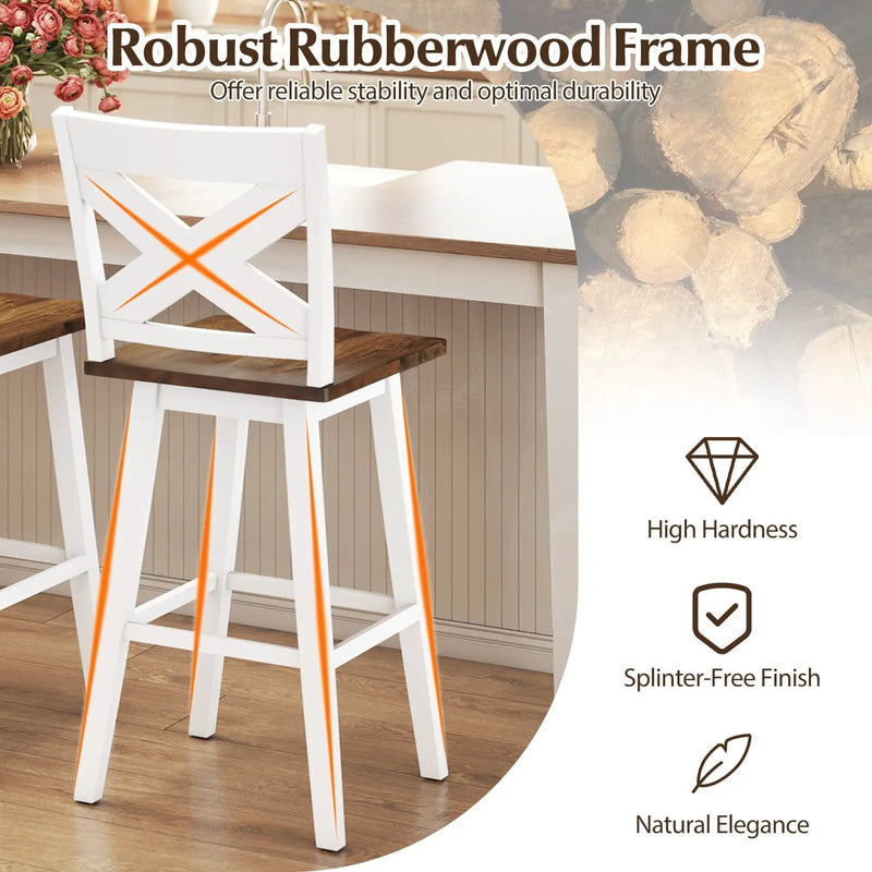 29" Rubberwood Swivel Barstools Set of 2 with Backrest and Large Seat by DirectDeals