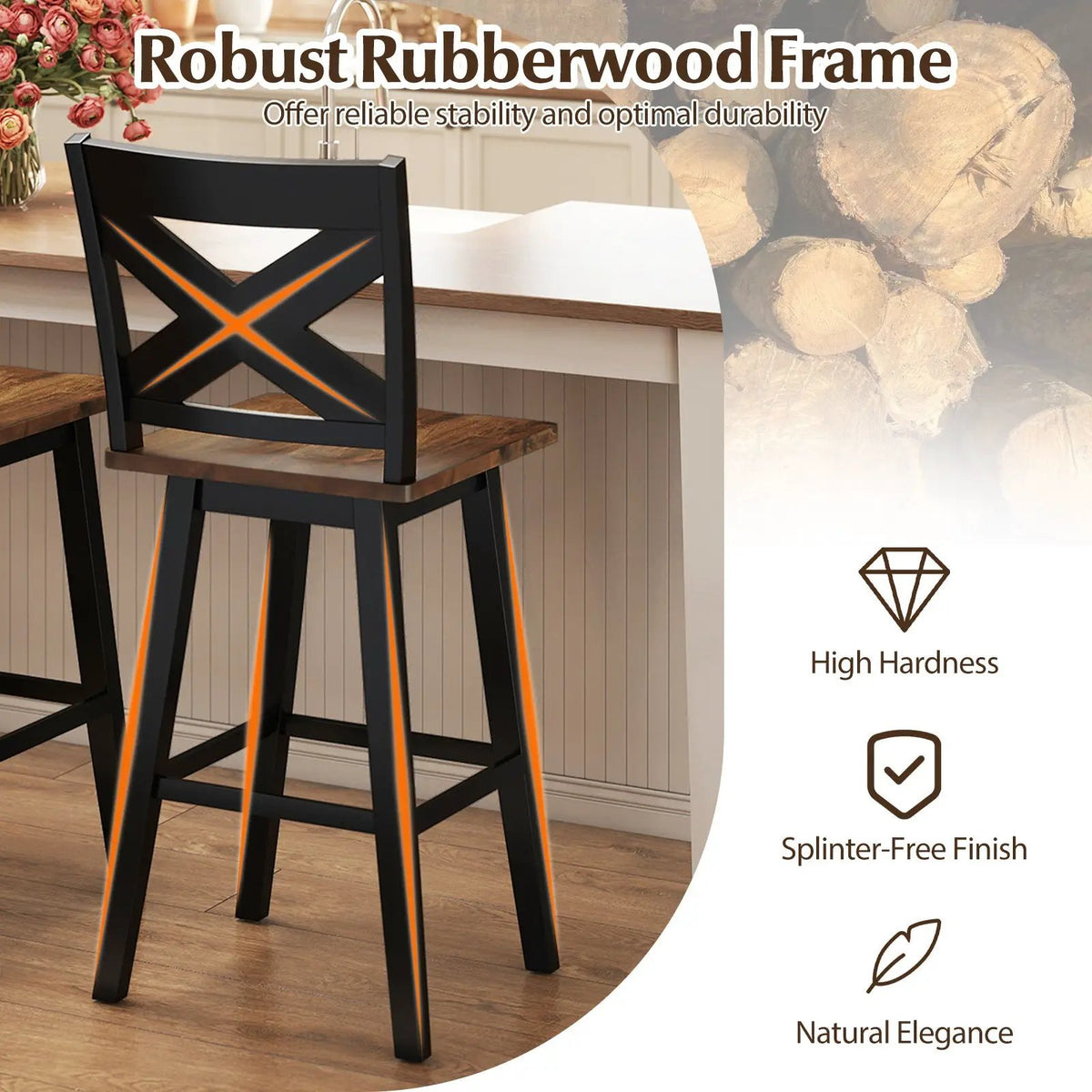 29" Rubberwood Swivel Barstools Set of 4 with Backrest and Large Seat by DirectDeals