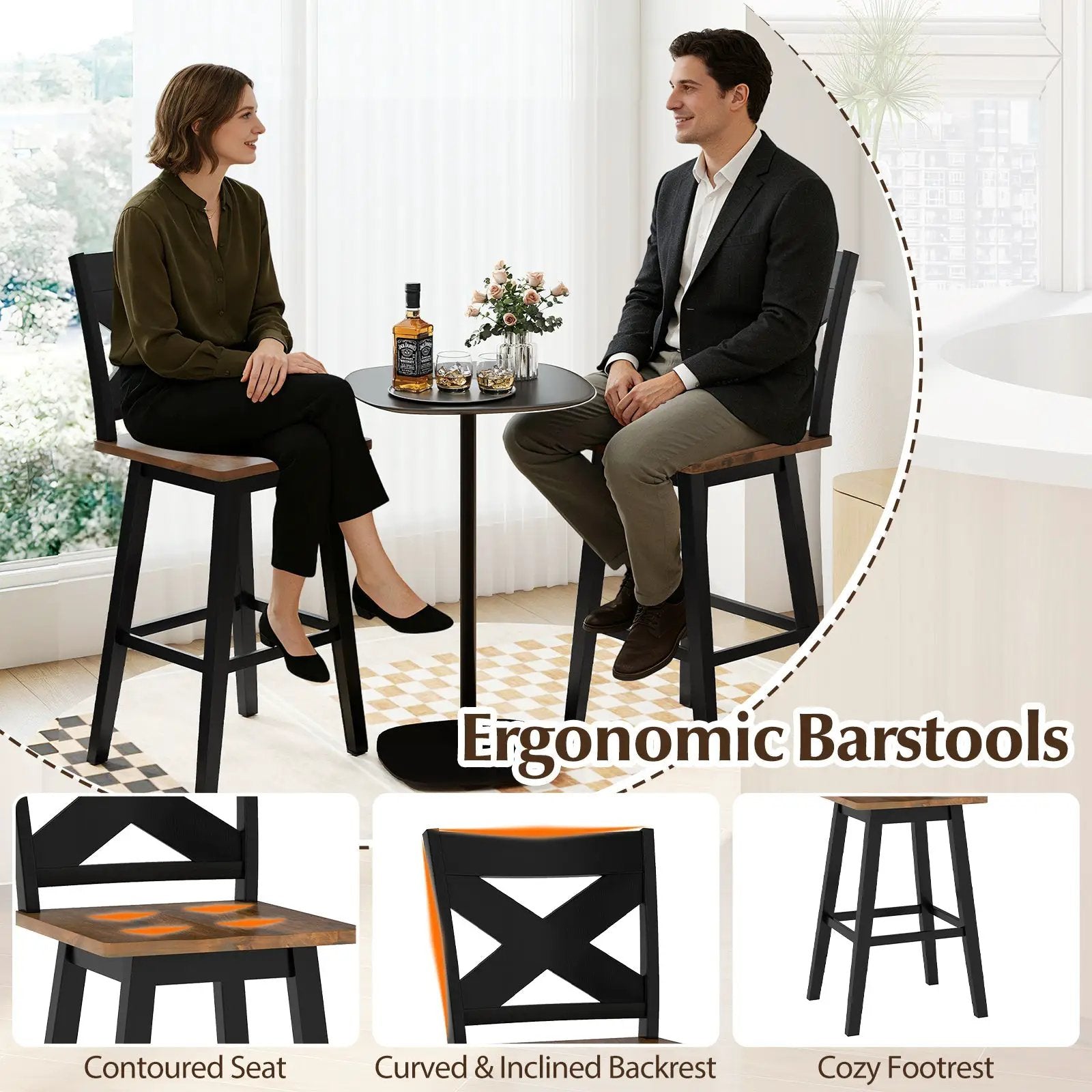 29" Rubberwood Swivel Barstools Set of 4 with Backrest and Large Seat by DirectDeals