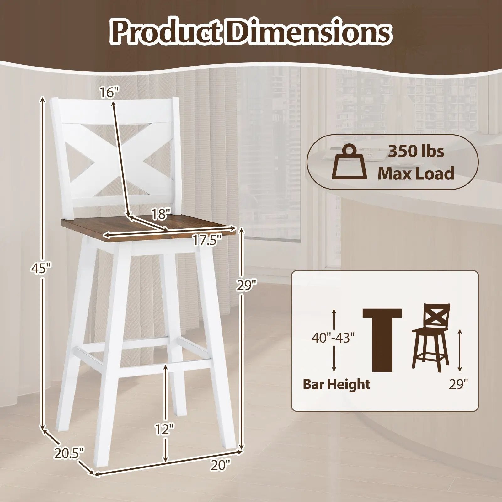 29" Rubberwood Swivel Barstools Set of 2 with Backrest and Large Seat by DirectDeals