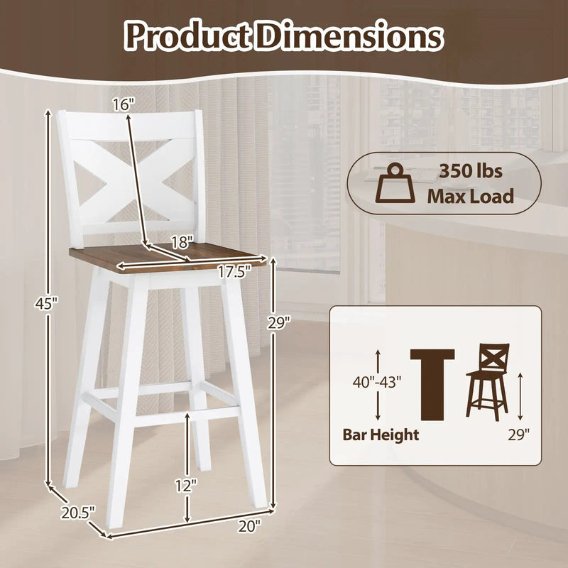 29" Rubberwood Swivel Barstools Set of 2 with Backrest and Large Seat by DirectDeals