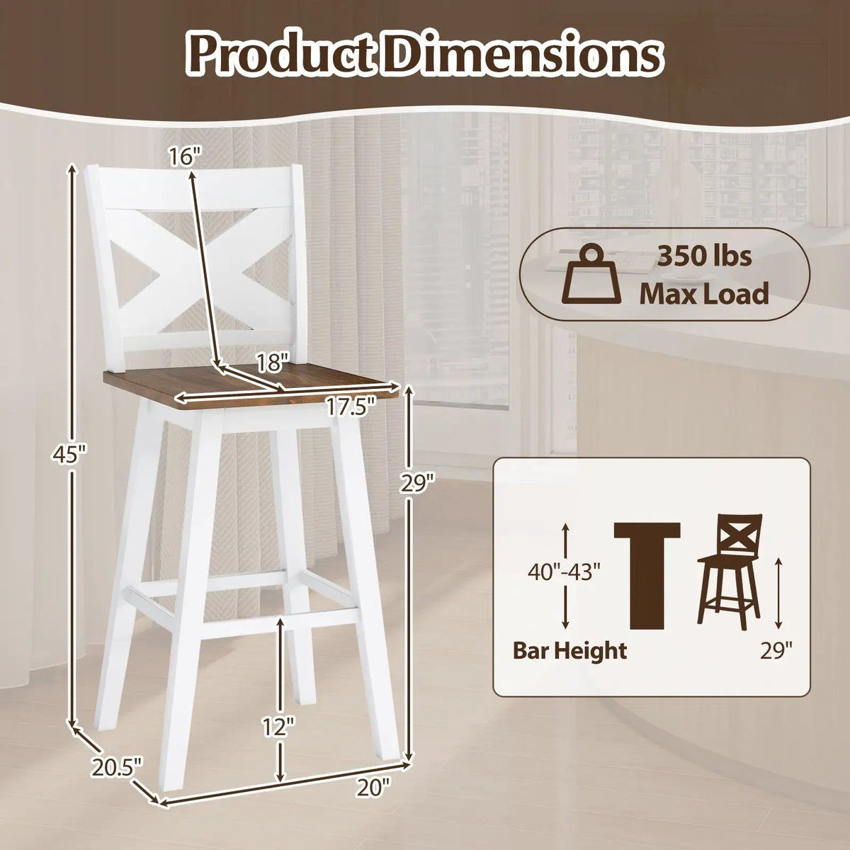 29" Rubberwood Swivel Barstools Set of 4 with Backrest and Large Seat by DirectDeals