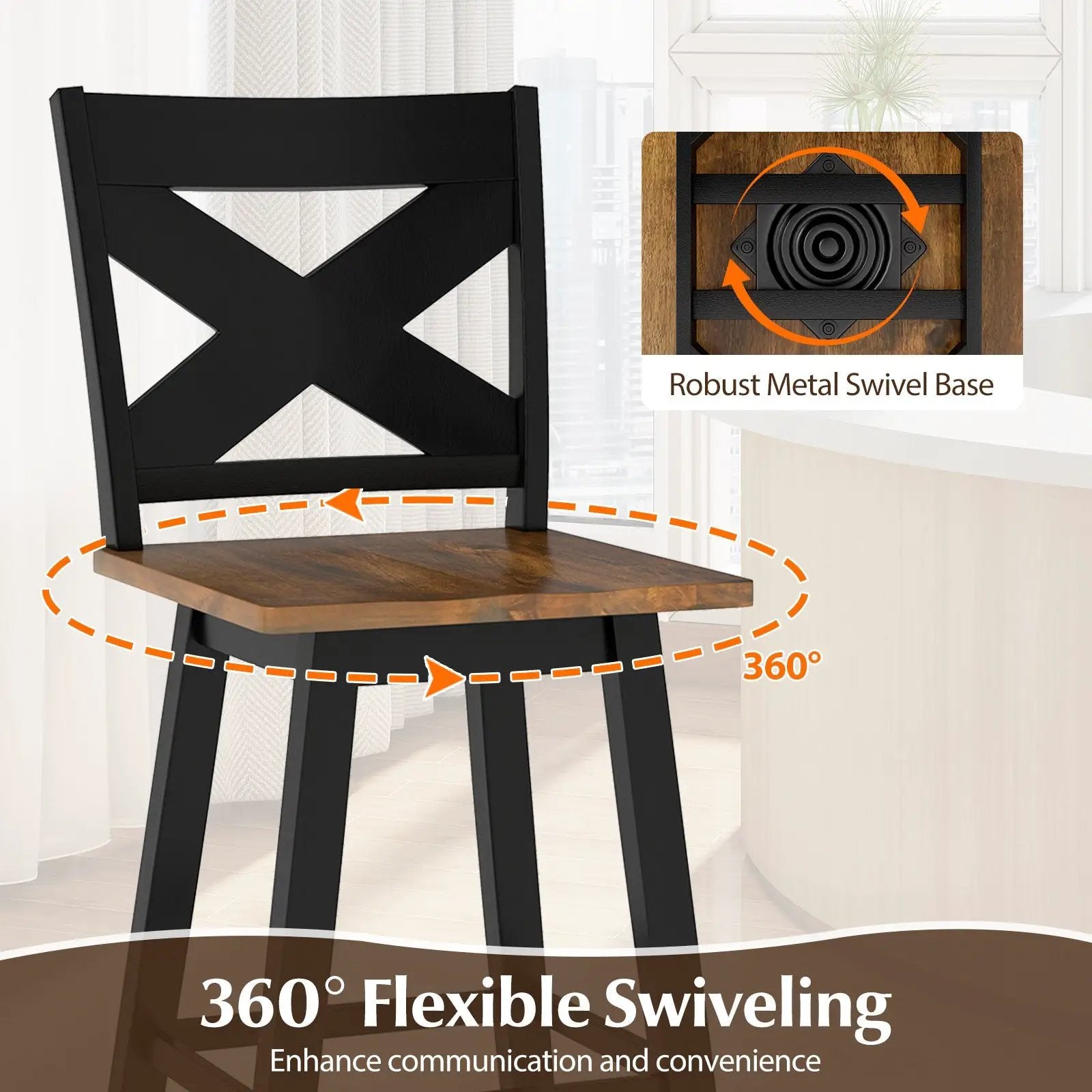 29" Rubberwood Swivel Barstools Set of 2 with Backrest and Large Seat by DirectDeals