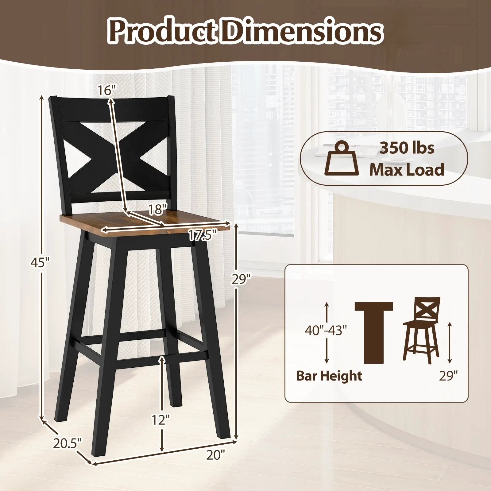 29" Rubberwood Swivel Barstools Set of 2 with Backrest and Large Seat by DirectDeals
