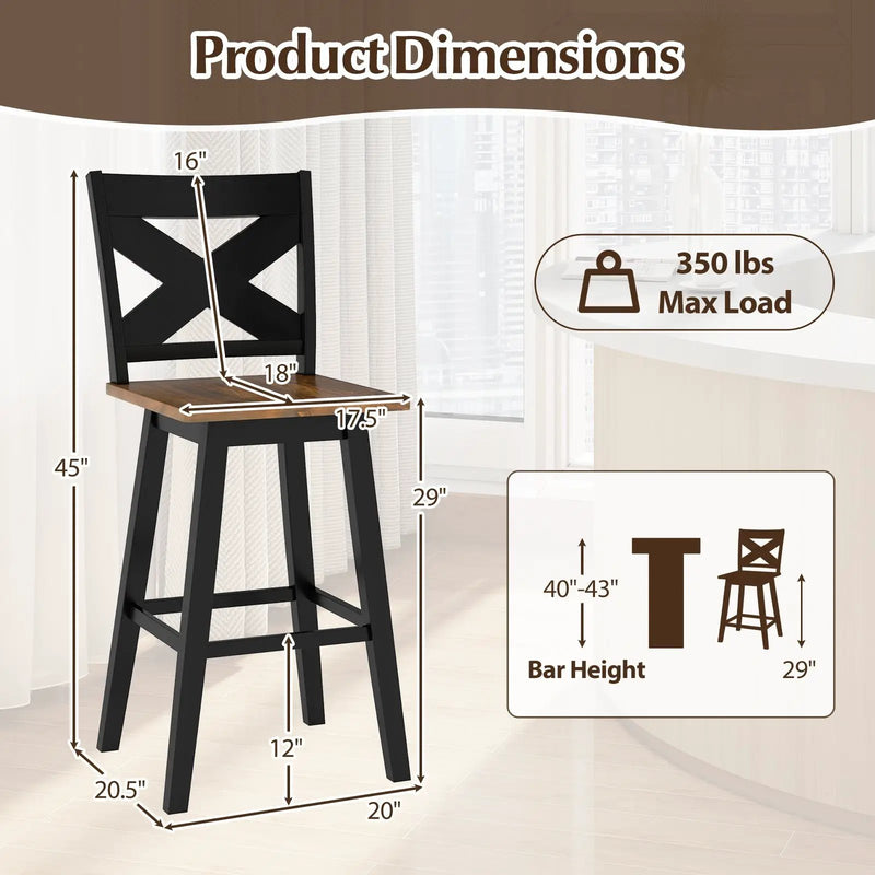 29" Rubberwood Swivel Barstools Set of 2 with Backrest and Large Seat by DirectDeals