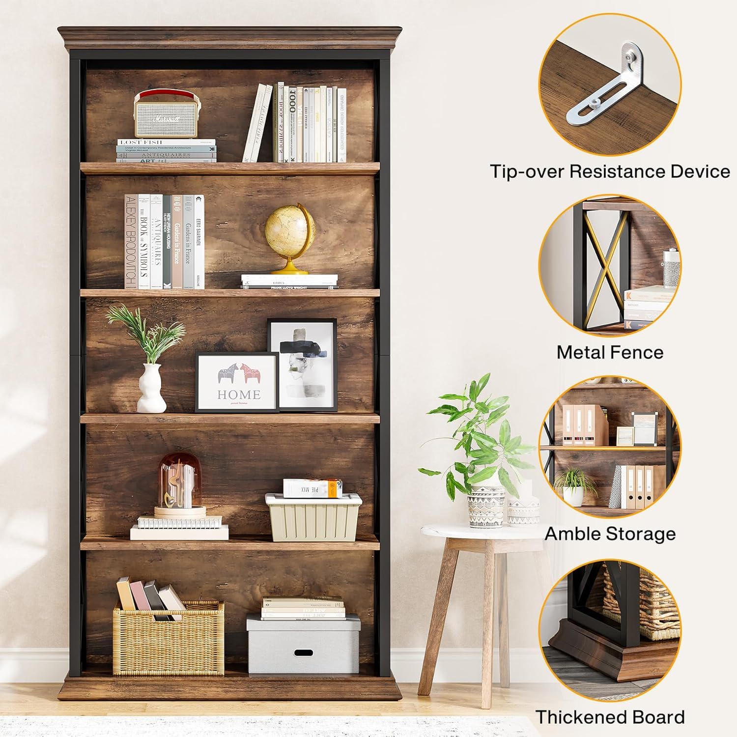6 Tier Industrial Brown & Bookshelf With X Pattern Design - Rustic Brown by HouseOfZazla