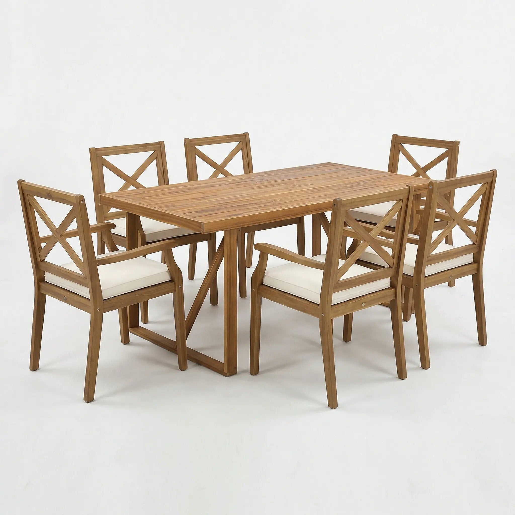 7 Pieces Acacia Wood Outdoor Dining Set with Cream Cushions by HouseOfZazla