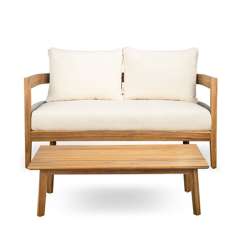 Porto Outdoor Loveseat & Table - Beige / Teak by HouseOfZazla