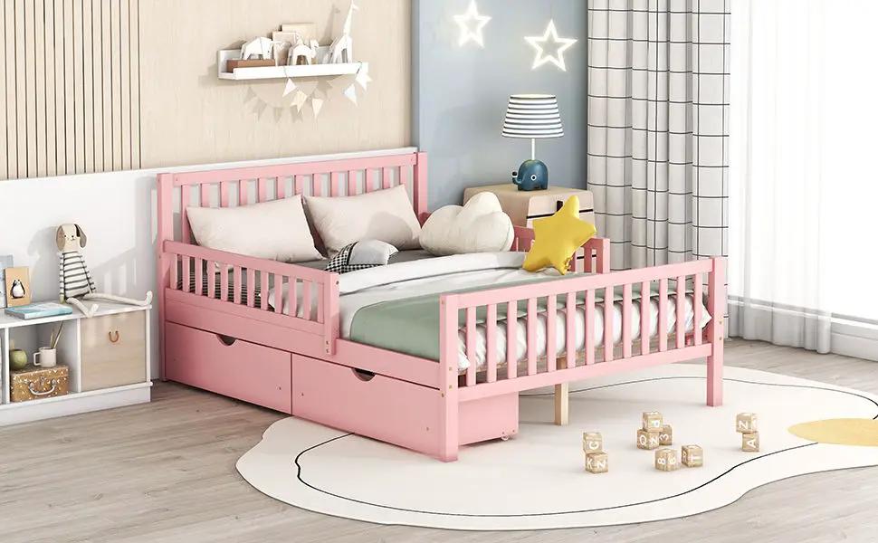 Platform Bed With Guardrails On Both Sides And 2 Storage Drawers by HouseOfZazla