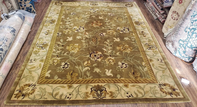 8x10 Tibetan Rug, Green & Beige Floral Rug, Large Handmade Wool Rug by Jewel Rugs