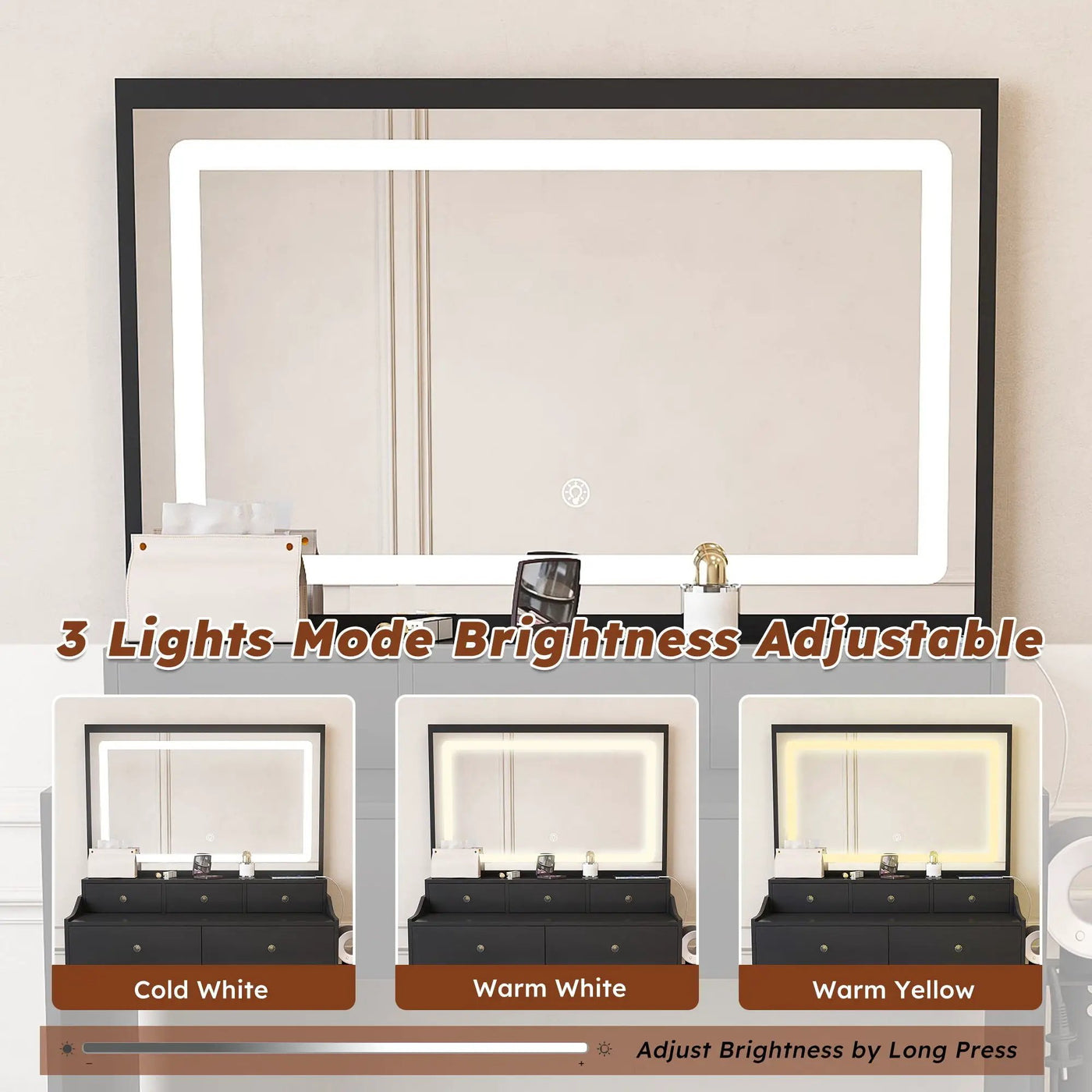 Modern Makeup Vanity Set With Power Outlet, Hair Dryer Holder, And Adjustable Lighting by Unique Piece Furniture