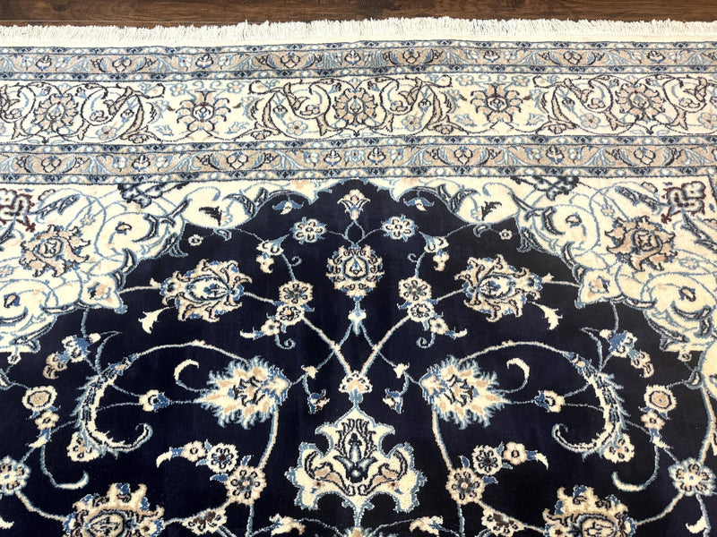 Persian Nain Rug 8x11, Navy Blue and Ivory, Handmade Wool Vintage Carpet, Floral Medallion by Jewel Rugs