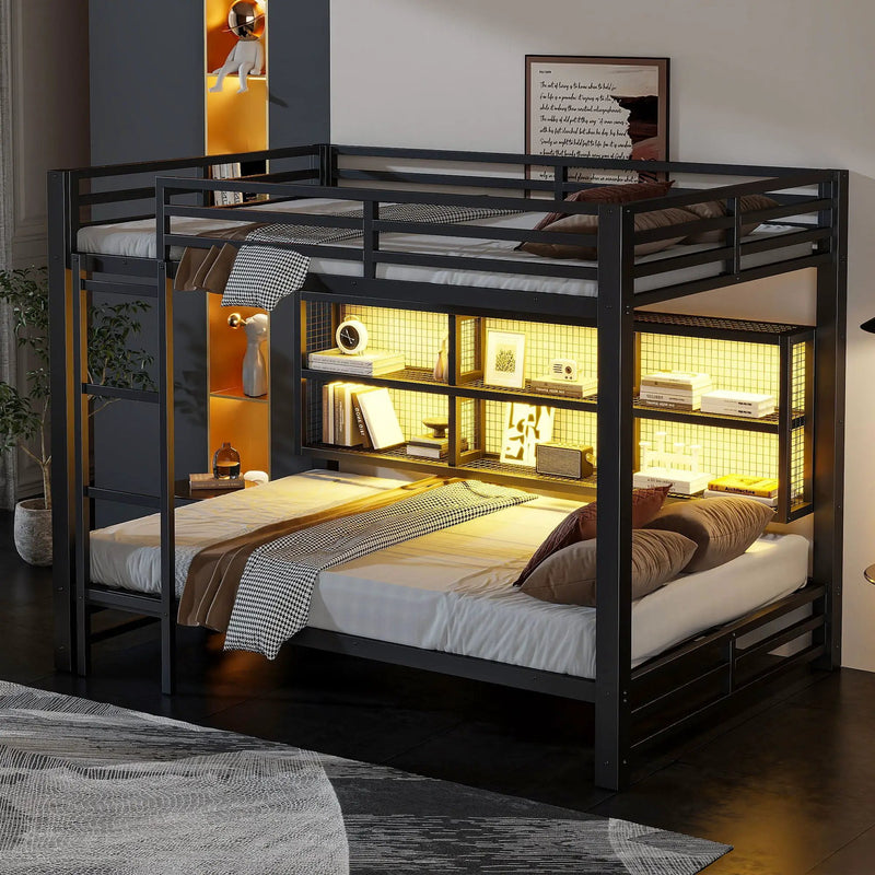Queen Over Queen Bunk Bed With Storage Cabinets And LED Sturdy Frame, 6 Storage Units, Adjustable LED Lights - Black by HouseOfZazla
