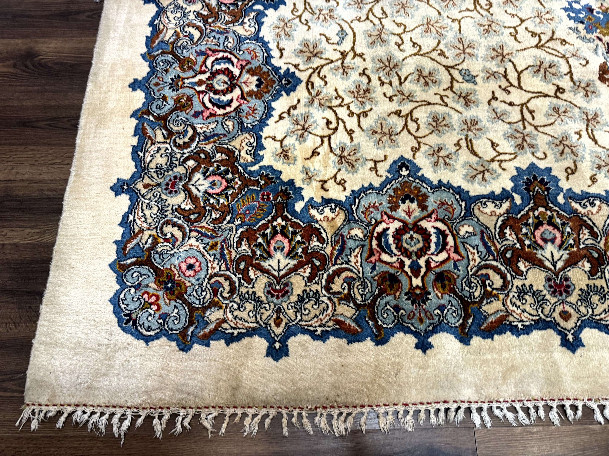 Persian Kashan Rug 9 x 12.6, Ivory and Blue, Floral Medallion, Wool Hand Knotted Semi Antique Carpet by Jewel Rugs