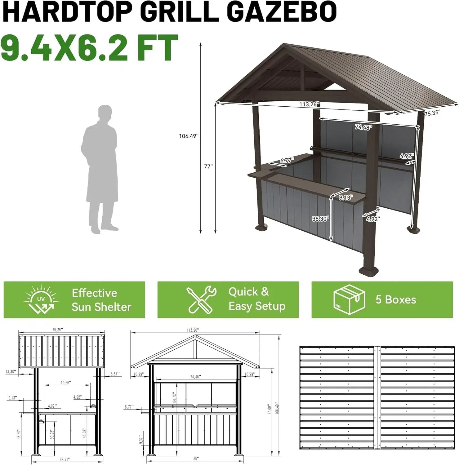 9.4x6.2 FT Hardtop Grill Gazebo with Storage Shelves & Resin Shade System by HouseOfZazla