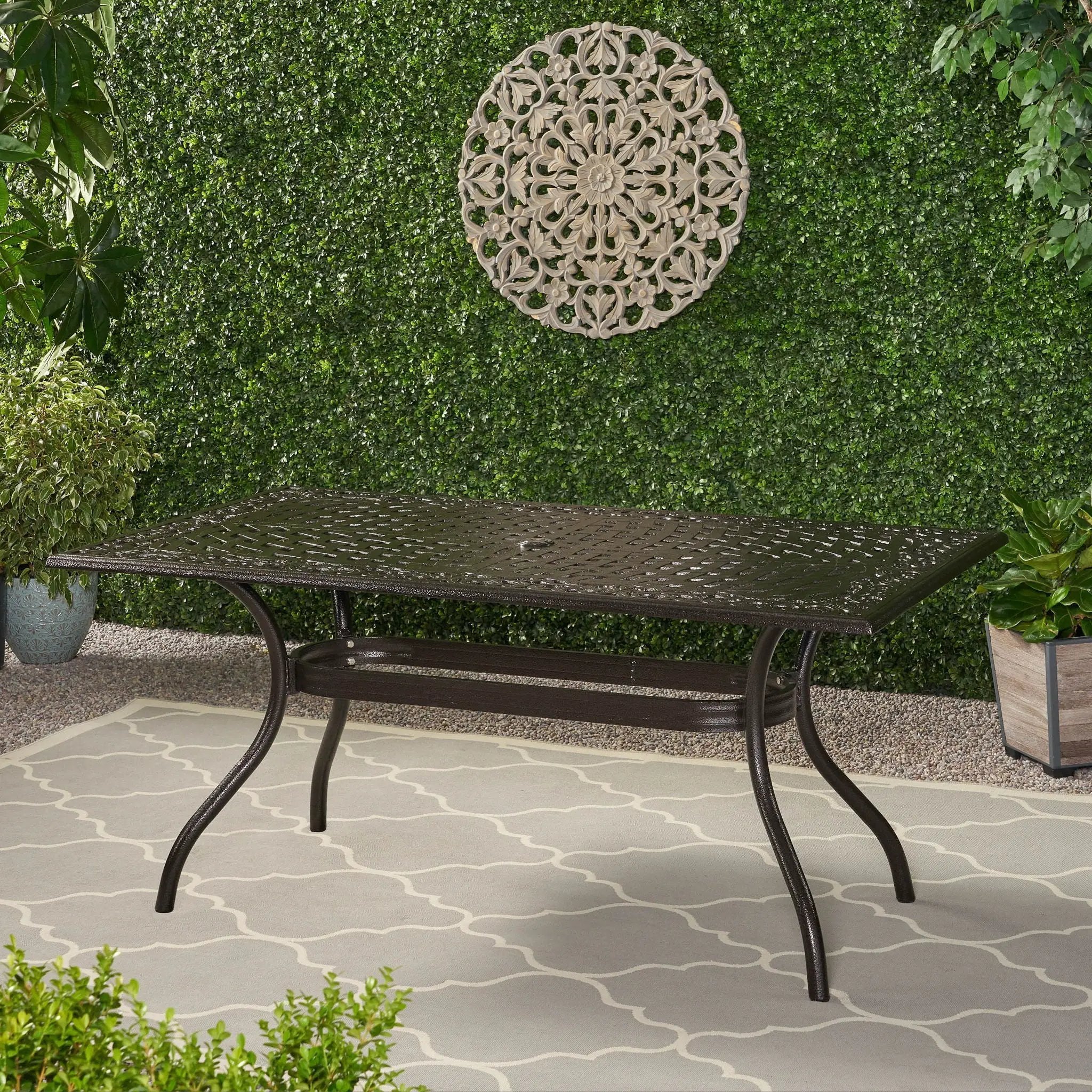 Celestine Outdoor Cast Aluminum Dining Table with Floral Lattice Design and Umbrella Holder by HouseOfZazla