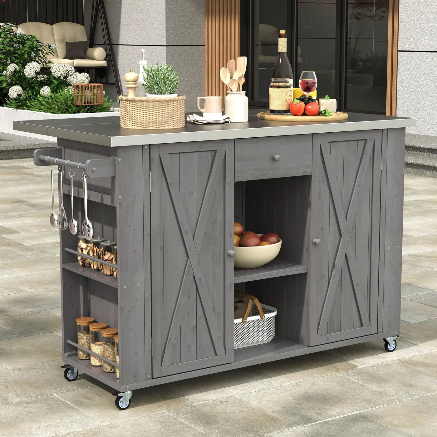 Outdoor Kitchen Island With Stainless Steel Top, Ample Storage Space, Towel And Spice Racks And A Bottle Opener by Unique Piece Furniture