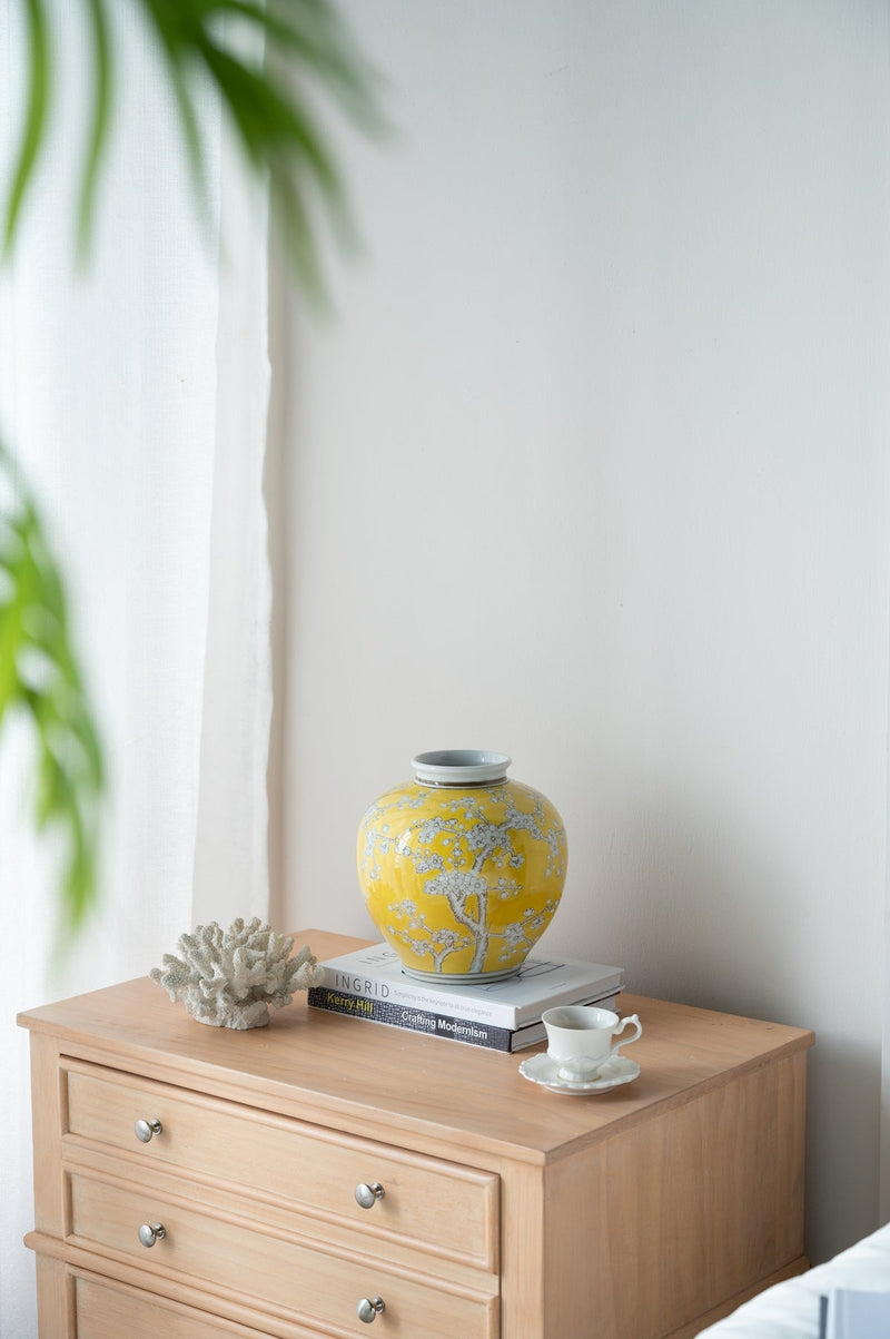 D8.7x9.1' Yellow and White Wide Curved Plum Blossom Vase by HouseOfZazla